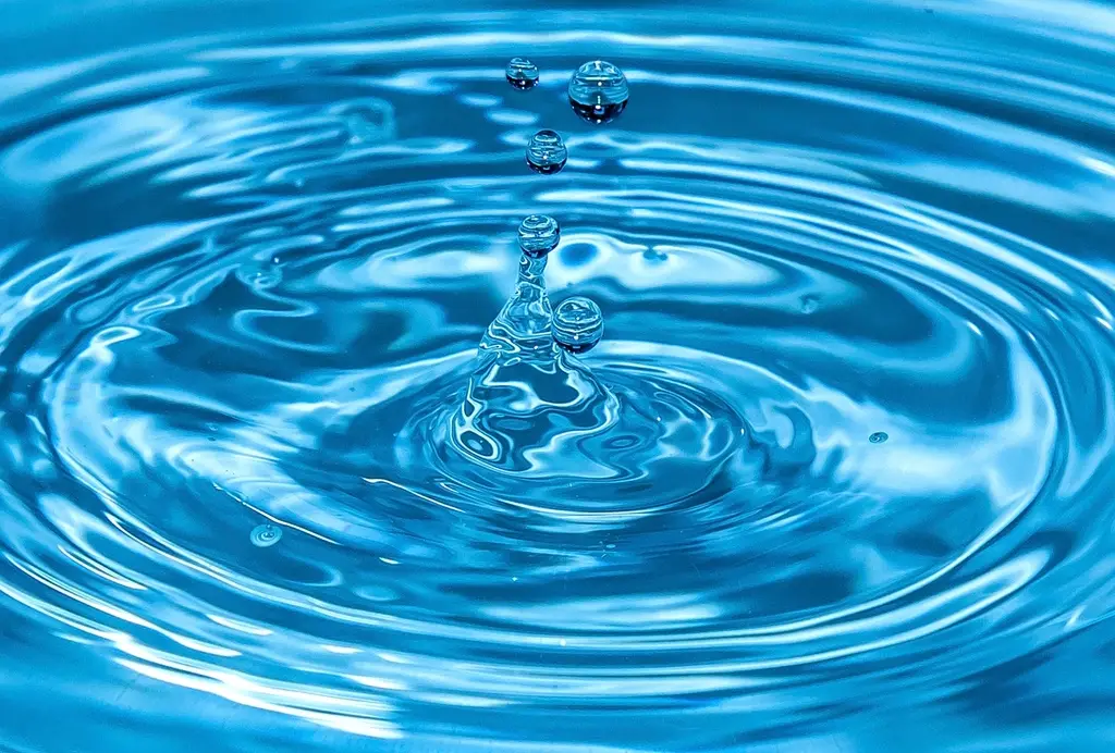 Close-up of a water drop falling into rippling water